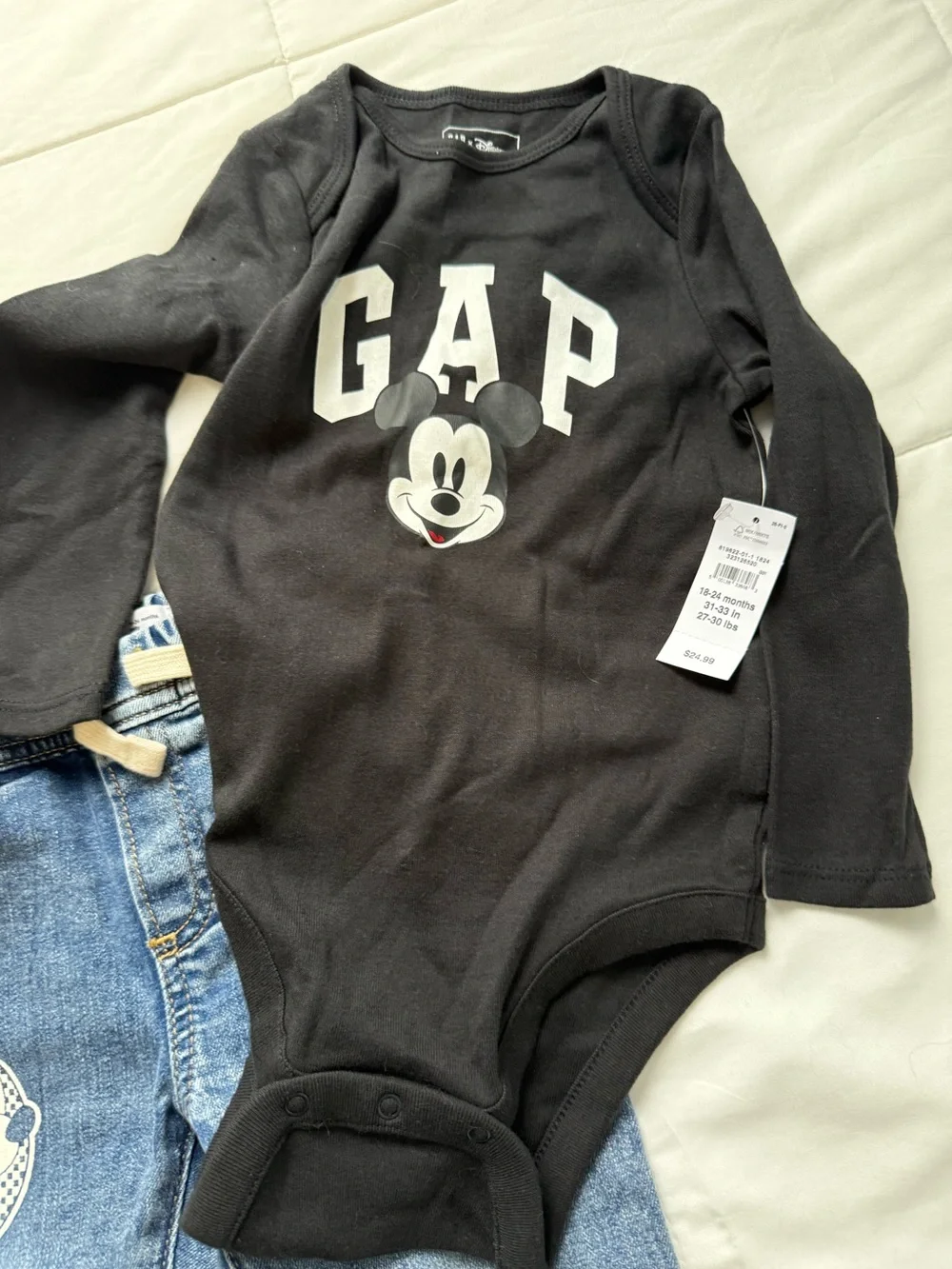 Disney Mickey Mouse Baby Gap Jeans, 2 cotton Long Sleeve Onesie NEW NWT